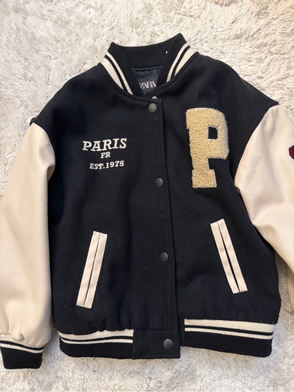 Zara Black and Cream Varsity Coat with 'P' Patch